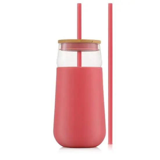 JoyJolt&reg; 20oz. Glass Tumbler with Straws & Silicone Sleeve Pink {1}