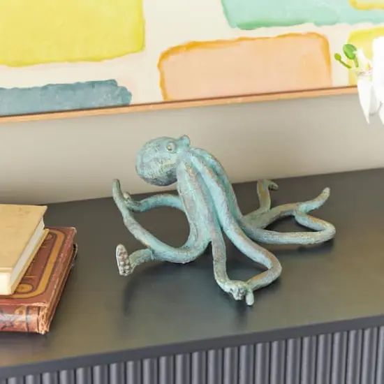 12" Blue Polystone Octopus Distressed Patina Sculpture with Gold Foil Accents {3}