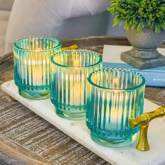 Kate Aspen&reg; Ribbed Blue Glass Votive Candle Holder Set {1}