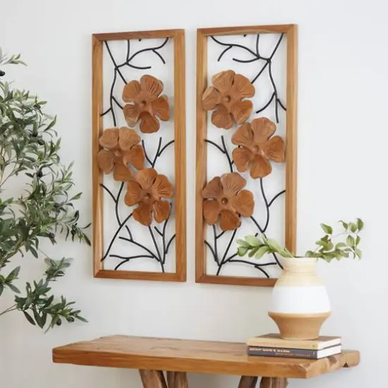 Set of 2 Rust Teak Wood Contemporary Style Wall Decor 14", 32" {7}