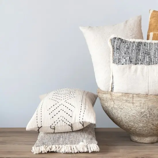 Hello Honey&reg; Natural & Black Hand-Embroidered Cotton Lumbar Pillow with Kantha Stitch {3}