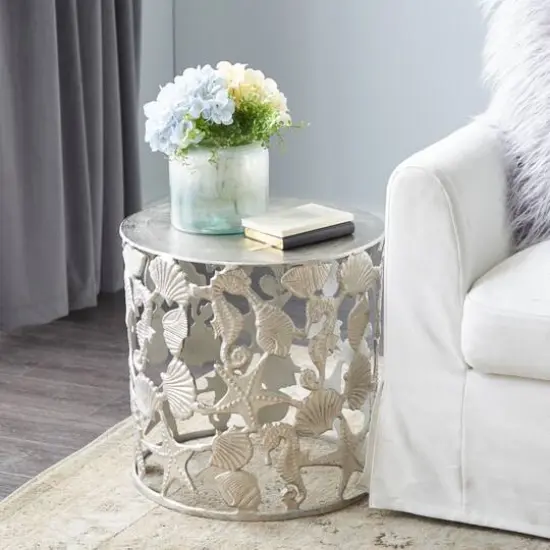 18" Silver Coastal Aluminum Accent Table {7}