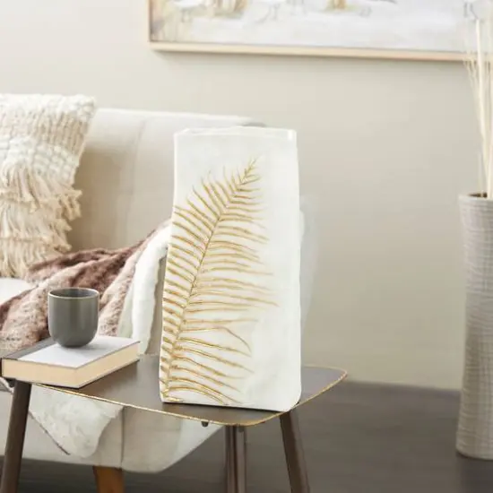 White & Gold Leaf Print Polystone Vase {9}