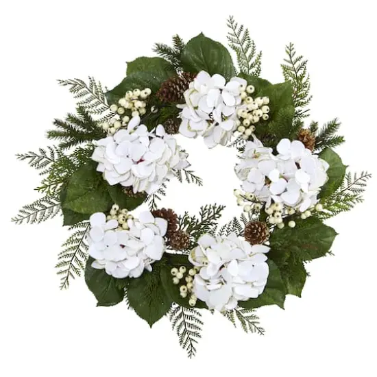 24" Gold Trimmed White Hydrangea & Berry Wreath {1}