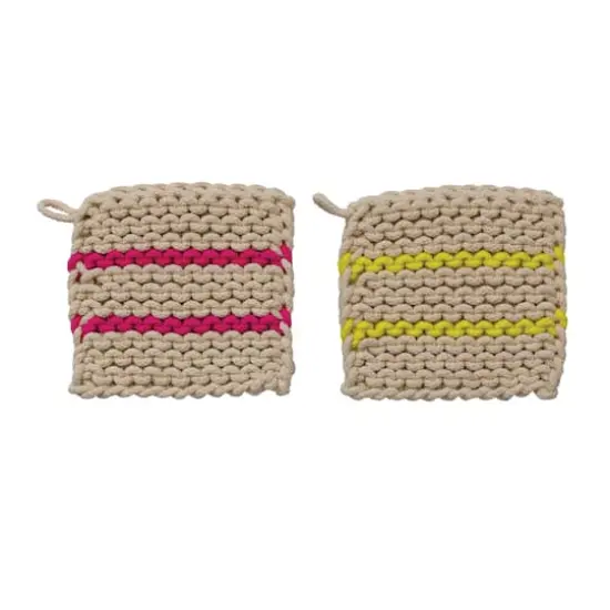 Hello Honey&reg; 8" Neon Striped Multicolor Square Cotton Crocheted Pot Holder Set {1}