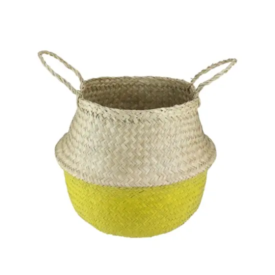 14.5" Beige & Yellow Large Seagrass Belly Basket with Handles {3}