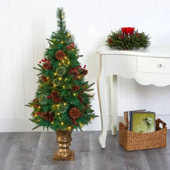 4ft. Pre-Lit Pine Artificial Potted Christmas Tree with Pinecone & Berries, Clear LED Lights {7}