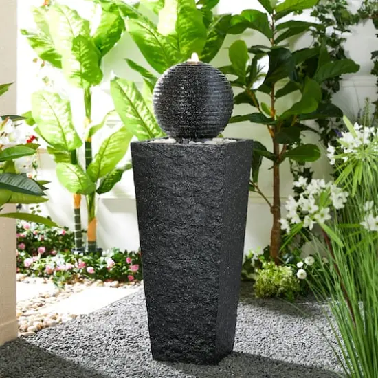 Glitzhome&reg; Modern LED Black Geometric Pedestal & Sphere Outdoor Floor Fountain {4}