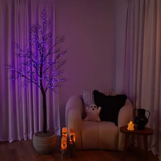 7ft. Pre-Lit Halloween Minimalist Twig Artificial Fall Tree with 400 Orange & Purple LED Lights {13}