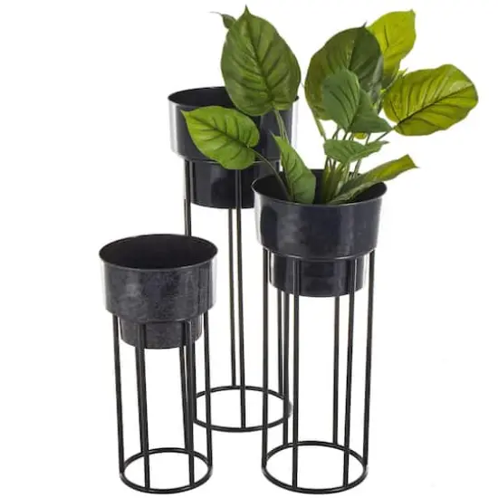 Black Metal Wash Textured Planter with Open Framed Black Caged Base Set {1}
