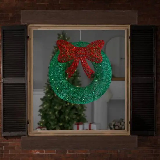 24" LED Green Glitter Wreath with Red Bow {7}