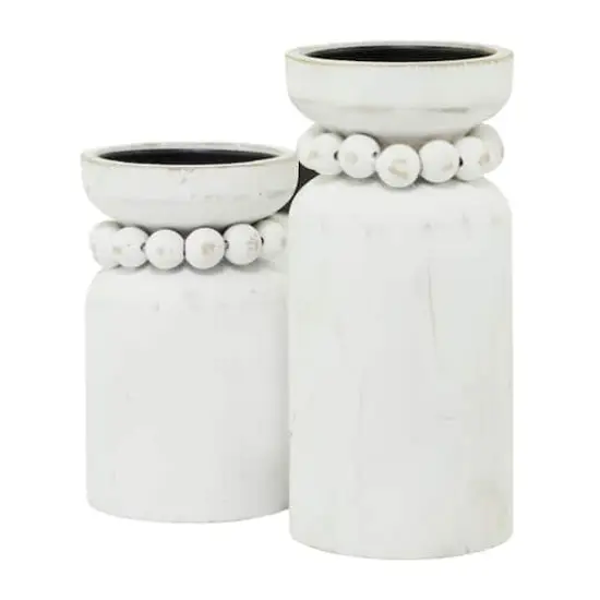 White Wood Beaded Pillar Candle Holder Set {3}