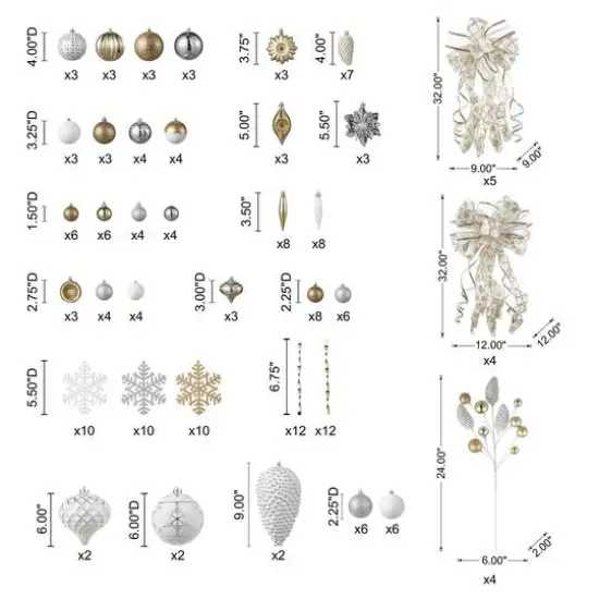 Glitzhome&reg; Elegant Silver & Gold Shatterproof Ornaments, Pinecone Picks & Ribbon Bow Set {3}