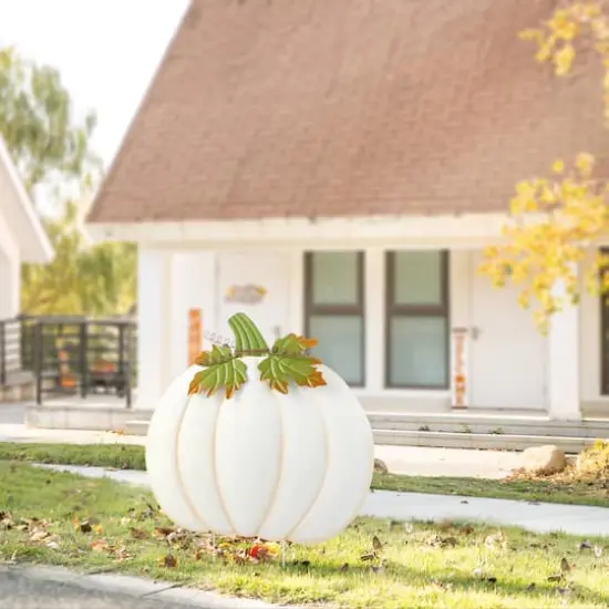 Glitzhome&reg; 39.5" Fall Oversized Metal Ivory Pumpkin Yard Stake, Wall or Standing Decor {4}
