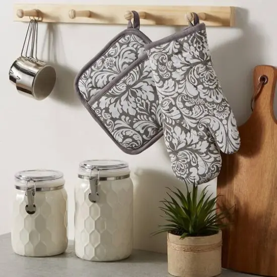 DII&reg; Gray Damask Oven Mitt & Potholder Set {8}