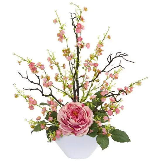23" Rose & Cherry Blossom Arrangement in White Planter Pink {1}