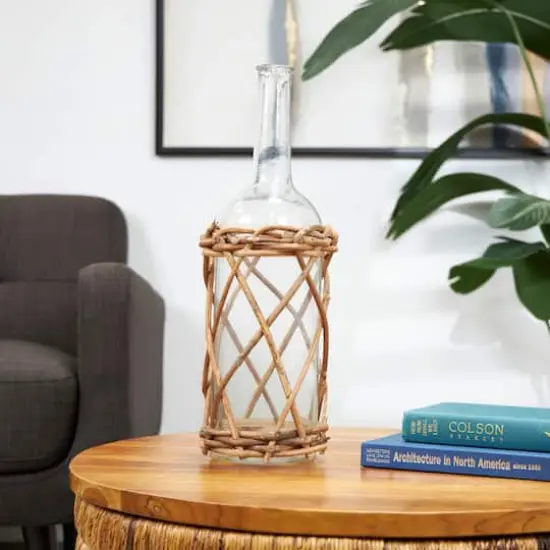 23" Clear Glass Handmade Tall Vase with Brown Rattan Woven Lower Body {7}