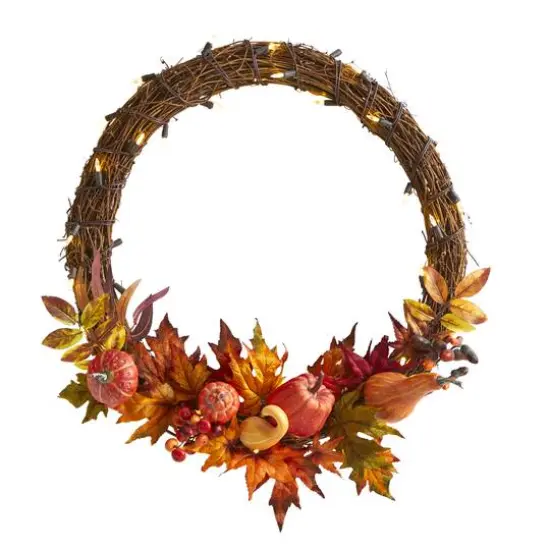 22" Pre-Lit Pumpkin & Maple Autumn Wreath {1}
