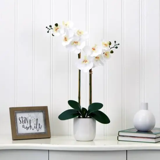 26" Artificial Real Touch White Double Orchid Phalaenopsis with Decorative Vase {5}