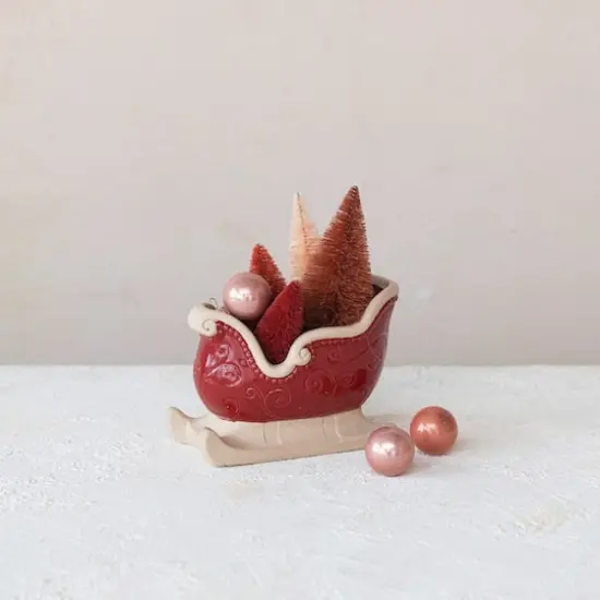 Hello Honey&reg; 6.25" Unglazed & Red Debossed Scrollwork Stoneware Sleigh {3}