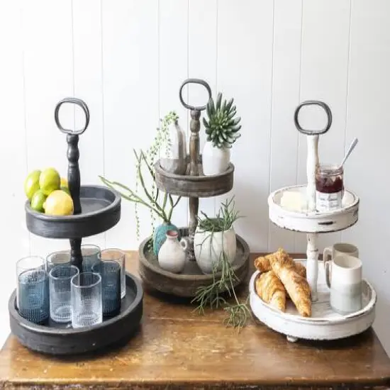 Hello Honey&reg; 18.5" Distressed Cream Wood 2-Tier Tray {14}