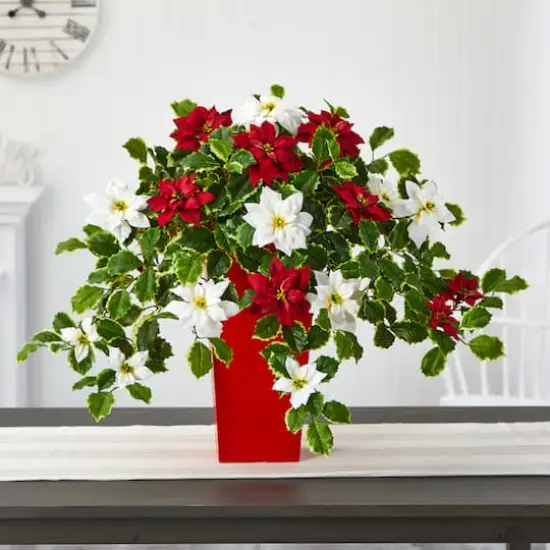 23&rdquo; Poinsettia & Variegated Holly Artificial Plant in Red Decorative Planter {4}