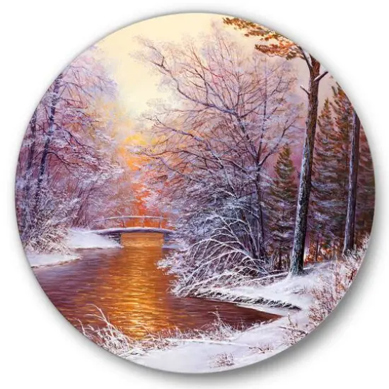 Designart - Christmas Forest With River and Trees II - Traditional Metal Circle Wall Art {2}