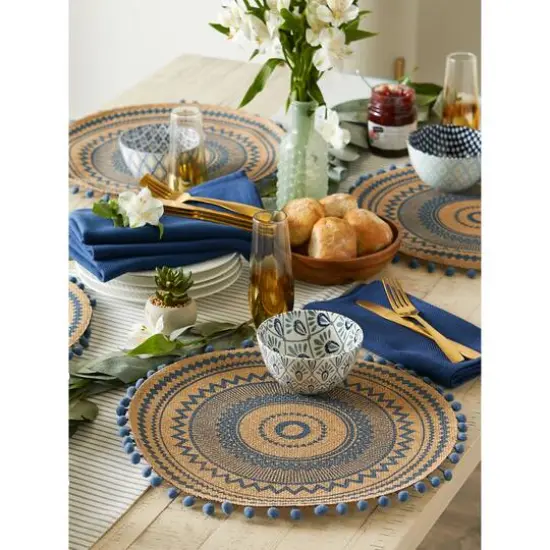 French Blue Aztec Print On Natural Round Jute Placemat (Set of 6) {5}
