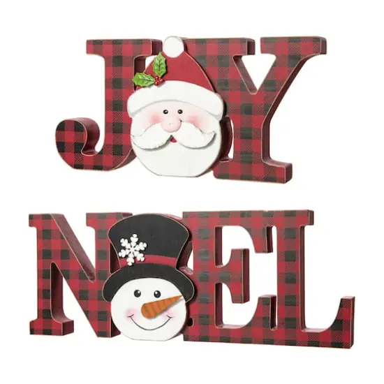 Glitzhome&reg; 2-Piece JOY and NOEL Wooden Christmas Plaid Table D&eacute;cor {7}