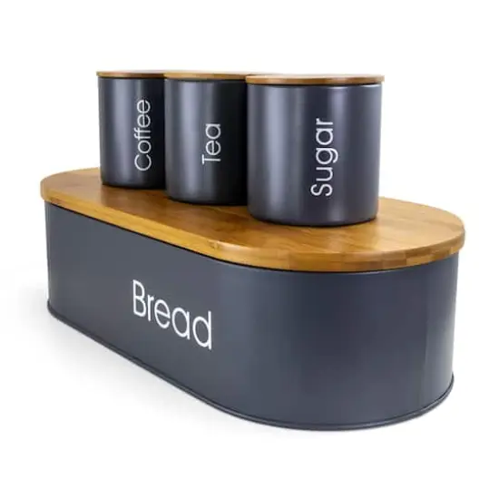 MegaChef Bamboo Kitchen Countertop Gray 4-Piece Metal Bread Basket & Canister Set {3}
