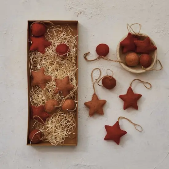 Hello Honey&reg; Handmade Wool Felt Ball & Star Ornament Set in Kraft Box Red/Brown {3}