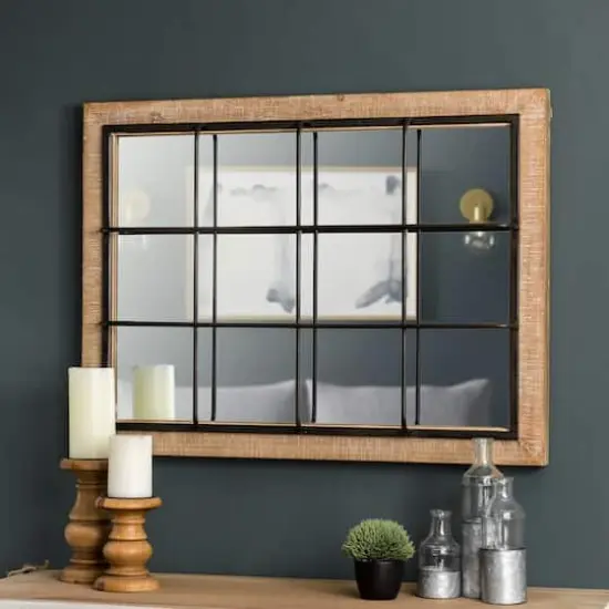 Glitzhome&reg; 31.5" Farmhouse Wooden & Metal Windowpane Rectangular Wall Mirror {4}
