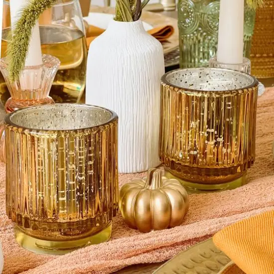 Kate Aspen&reg; Gold Vintage Ribbed Glass Tealight Votive Candle Holder Set {4}
