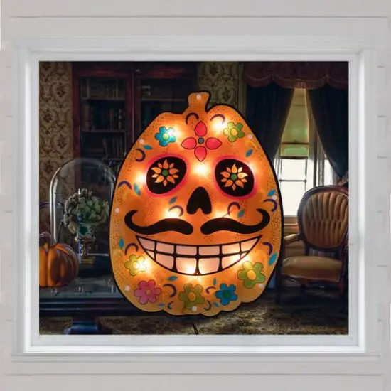 15" Lighted Sugar Skull Pumpkin Halloween Window Silhouette {3}