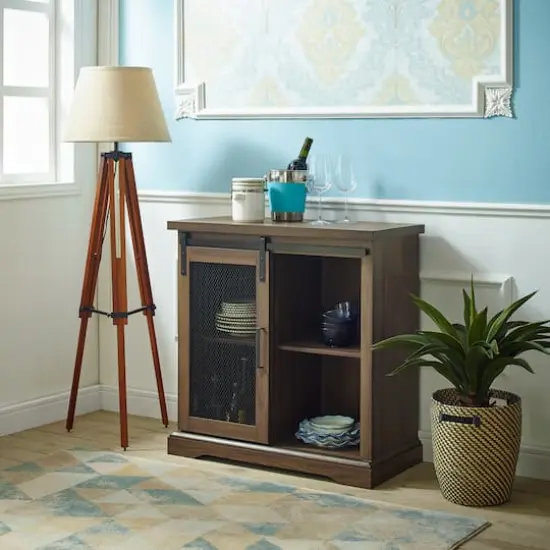 Walker Edison 32" Dark Walnut Sliding Mesh Metal Door Accent Cabinet {4}