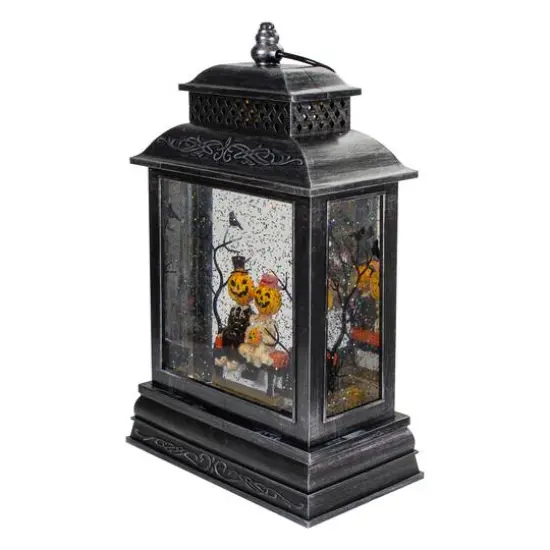 11.5" Black Lighted Halloween Snow Globe Lantern With Pumpkin Couple {6}