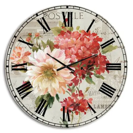 Designart Red Painted Flowers on Vintage Postcard III Farmhouse Wall Clock {1}