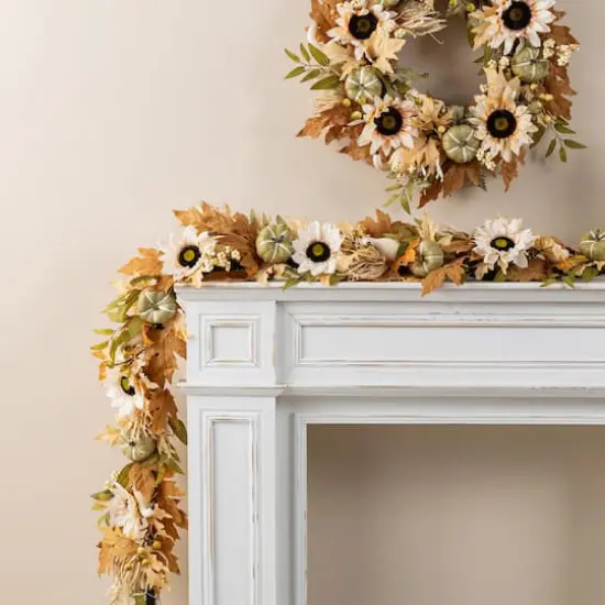 Glitzhome&reg; 72" Fall Neutral Sunflower, Pumpkin and Leaf Garland {6}