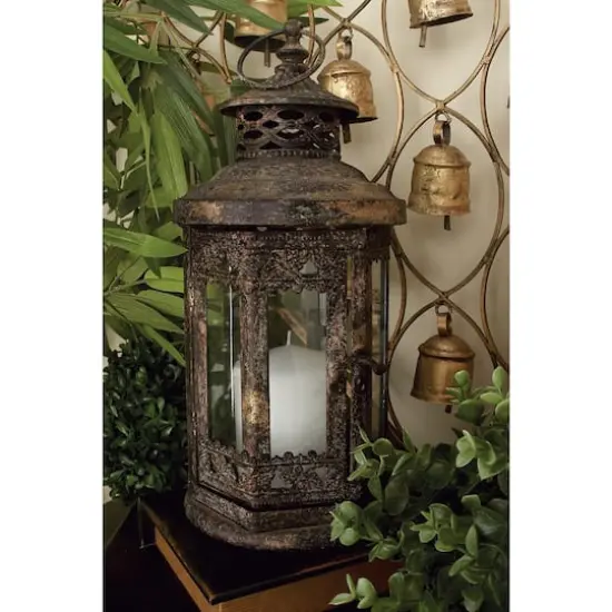 Brown Iron Rustic Candle Holder Lantern, 13" x 6" x 6" {6}