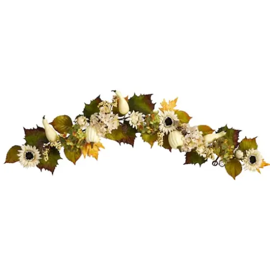 5ft. Fall Sunflower, Hydrangea & White Pumpkin Autumn Garland {1}