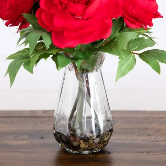 16" Red Peony Arrangement in Glass Vase {5}