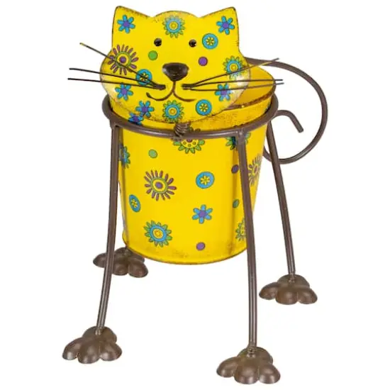 9" Yellow Floral Metal Cat Garden Planter {1}
