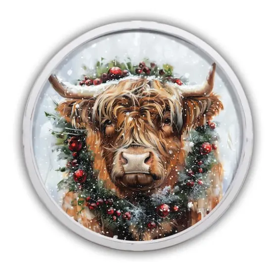 Painterly Christmas Highland 20" x 20" Round White Framed Print {1}