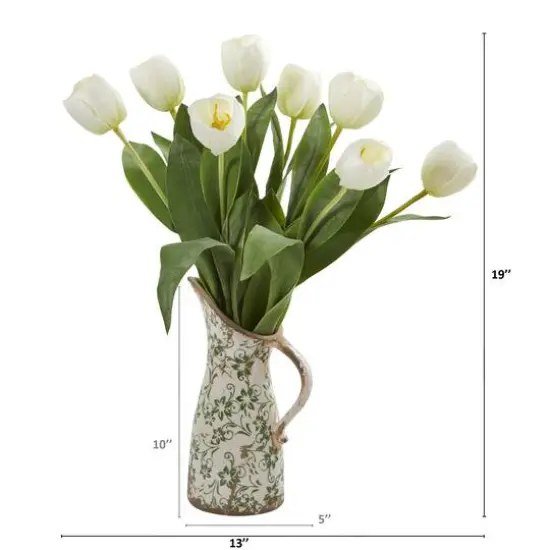 19" Tulip Arrangement in Floral Pitcher White {3}