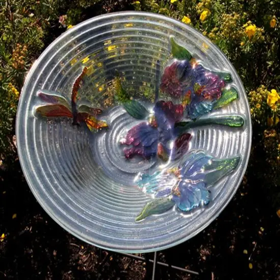 21" Hand Painted Glass Dragonfly and Flower Spring Outdoor Bird Bath {4}