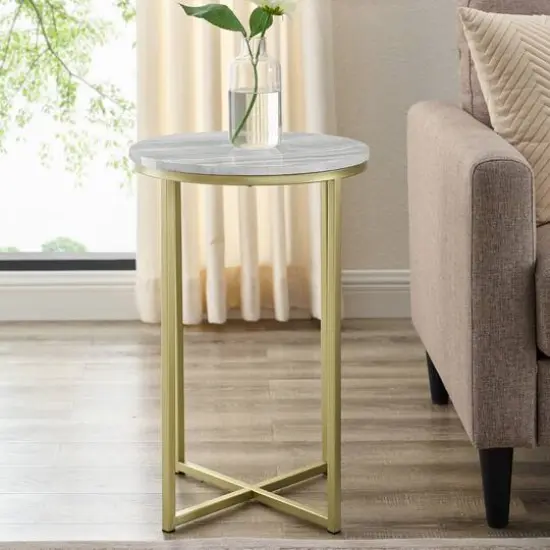Walker Edison 16" Faux Stone Round Glam Side Table Faux Gray Marble/Gold {6}