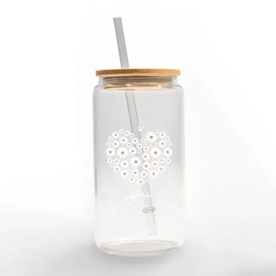 16oz. Daisy Heart Love Glass Can Cup {1}