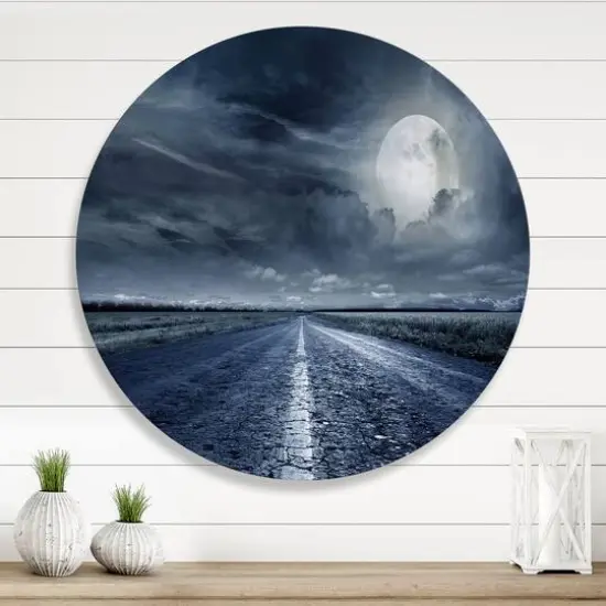 Designart - Asphalt Road Under Cloudy Full Moon II - Nautical & Coastal Metal Circle Wall Art {3}