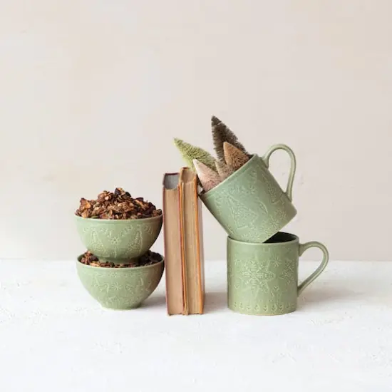 Hello Honey&reg; 5" Matte Green Reactive Glaze Debossed Tree & Snowflake Stoneware Bowls, 6ct. {3}