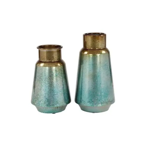 Set of 2 Turquoise Metal Rustic Vase, 15", 12" {1}